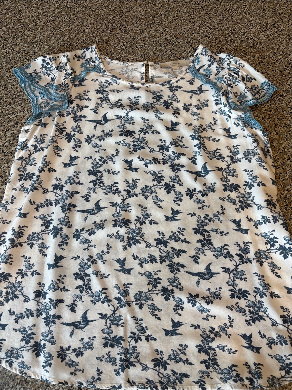 LOFT White Blouse with Blue Bird & Floral Print and Lace Trim